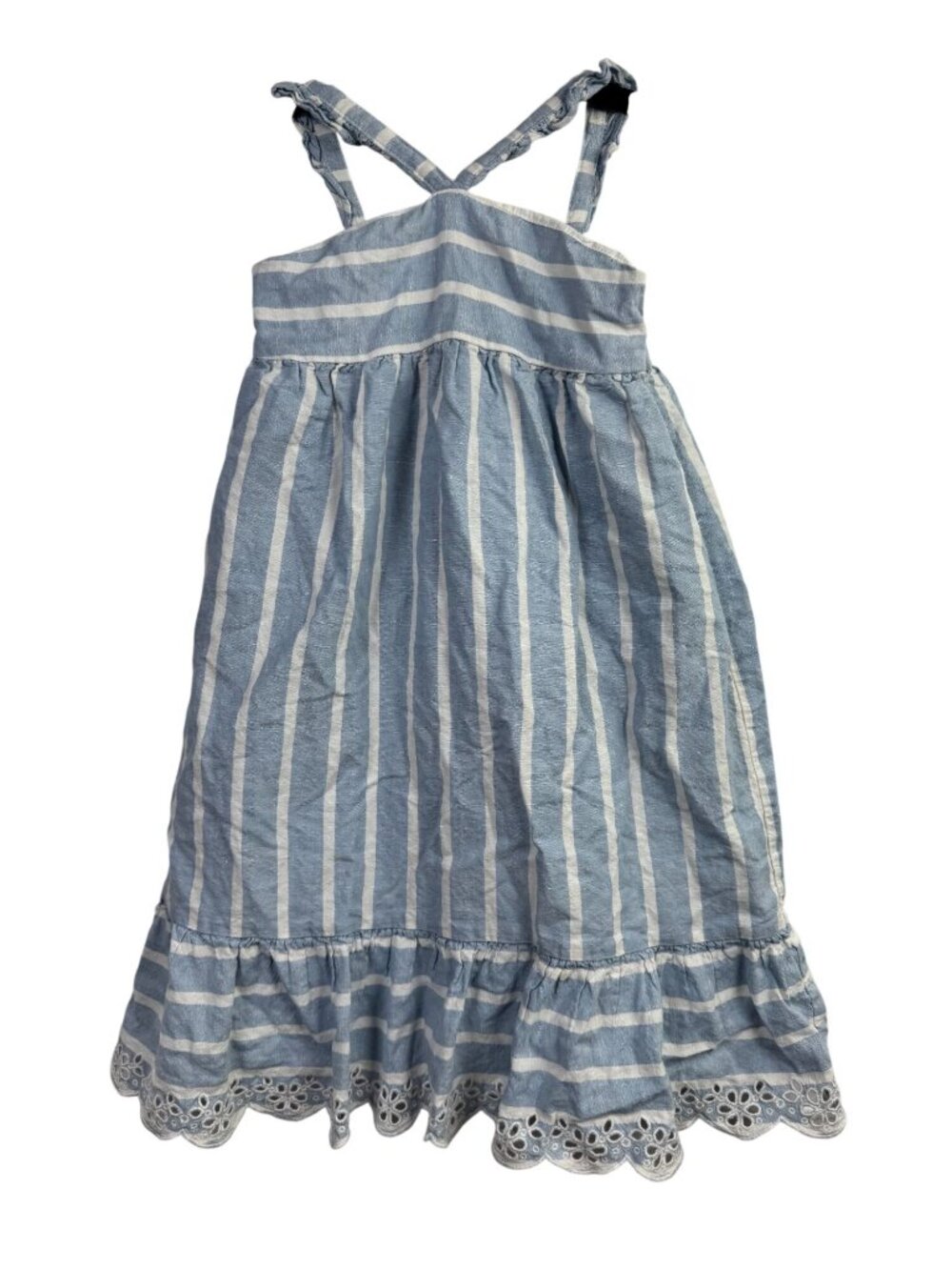 Janie & Jack Girls Blue White Striped Linen Cotton Sundress Eyelet Hem Size 3T